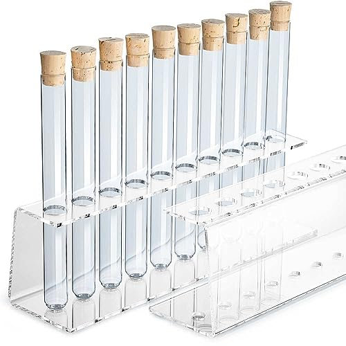 Tuuters Acryl Reagenzglasständer mit Reagenzglas, Reagenzglashalter, Gewürzregal, mit Korken (10-Loch Ø18mm Einreiher + Glas)