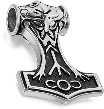 Cupimatch Kettenanhänger für Herren, „Quake Mjolnir Thors Hammer“, Retro-Biker-Design, aus Edelstahl mit 55,9 cm langer Kette, silber/schwarz