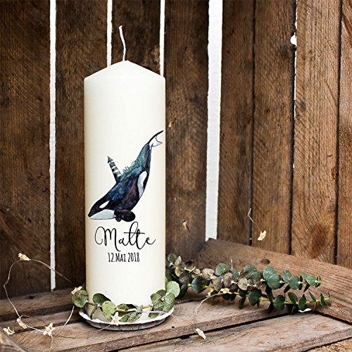 Taufkerze Kerze zur Taufe oder Geburt Kommunionkerze mit Wal Schwertwal Orca & Wunschname wk15 ilka parey wandtattoo-welt®
