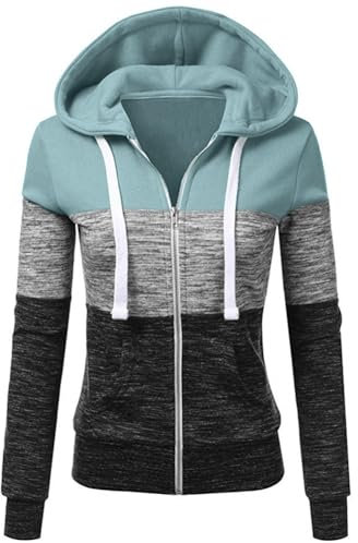Newbestyle Hoodies for Women Color Block Hooded Sweatshirt Basic Zip-Up Jersey Jacket Long Sleeve Top with Pockets Plus Size Green L