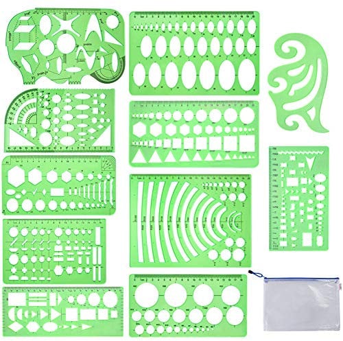 11 Pieces Geometric Drawings Templates Stencils Plastic Measuring Template Rulers Clear Green Shape Template for Drawing Engineering Drafting Building School Office Supplies