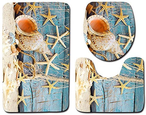 LNIMIKIY Badezimmer-Bodenmatten-Set, 3-teilig, 4 Arten von Sea World, rutschfeste PVC-WC-Vorleger-Sets, Badematte + WC-Vorleger + WC-Deckelbezug (Nr. 4)
