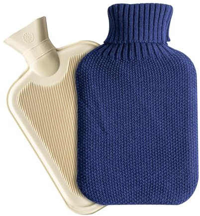 Nicola Spring Hot Water Bottle with Knitted Cover - Navy - 2L Water Bag for Hot and Cold Compress, Leakproof Neck and Shoulder Pain Relief, Feet Warmer