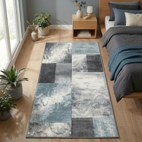 Carpetsale24 Teppich Läufer 80x150 cm Kurzflor Konturenschnitt in Blau Grau Weiß Kariertes Design, Waschbar, Pflegeleicht, Extra Weich Für Flur, Küche, Schlafzimmer