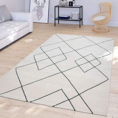 TT Home Wohnzimmer Teppich Modernes Rauten Design Skandi Kurzflor Strapazierfähig, Weiß, Größe:80x150 cm