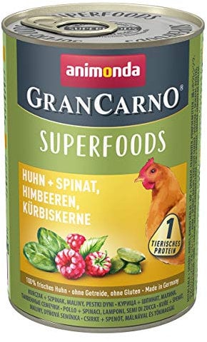 animonda GranCarno Hunde Nassfutter Superfoods Huhn + Spinat (6 x 400g), getreidefreies Hundenassfutter ohne Zucker, für ausgewachsene Hunde, mit frischen fleischigen Zutaten