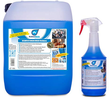 KaiserRein Desinfektionsreiniger Wellness 10 L Kanister inkl. 1 L Sprühflasche Set Desinfektionsmittel für Oberflächen, Liegen, Türklinken, Fitnessgeräte, Toiletten usw.