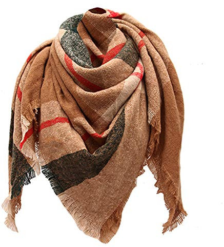 Tybiky Damen Schal Kariert übergroßer Warm Weich Strickschal Karo XXL Winterschal Herbstschal Wolleschal Frauen Deckenschal Halstuch Scarf Poncho Cape (Khaki Rot)