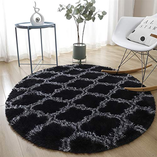 Icegrey Shaggy Teppich Hochflor Langflor Runden Geometrisches Gemustert Teppiche für Wohnzimmer Esszimmer Kinderzimmer Schlafzimmer Bettvorleger, Schwarzes Plaid, 140cm