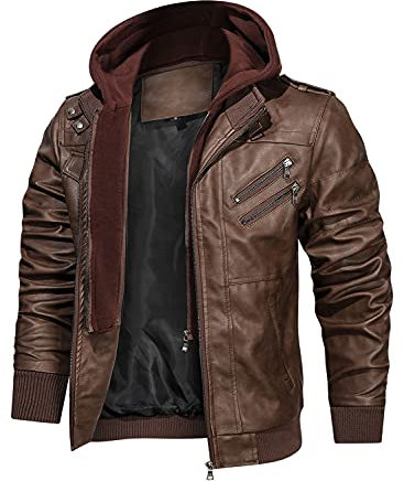 HOOD CREW Men’s PU Faux Leather Motorcycle Bomber Jacket With a Removable Hood Brown L