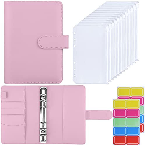 HAUTOCO Budget Planner Deutsch, A6 Budget Binder, Budgetplaner, Ringbuch A6 mit 12 Binder Taschen, Finanzplaner mit Etiketten, Sparbuch für Geld Organizer, für Reisen Tagebuch, Rosa