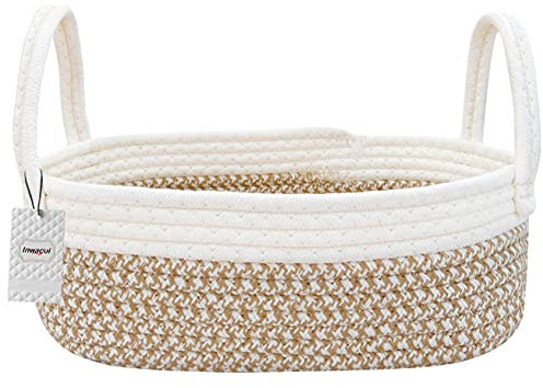 Inwagui Baumwollseilkorb Aufbewahrungskorb Geflochtener Korb mit Griffen Baby Windeltasche Deko Korb für Spielzeug, Kinderzimmer, Regale - Khaki & Weiß