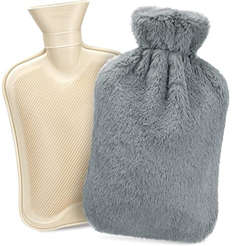 Bouillotte d'eau Chaude 2L avec Housse en Peluche Souple, Bouillotte en Caoutchouc Naturel Anti-fuite Bouteille d'eau Chaude, Fournir Chaleur et de Confort, Idéal pour Hivers Gris