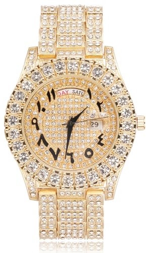 Halukakah Diamanten Gold Uhr Iced Out, Herren Römische Zahlen 18k Echtgold Vergoldetes Quarzarmband 24cm, Kostenlose Geschenkbox