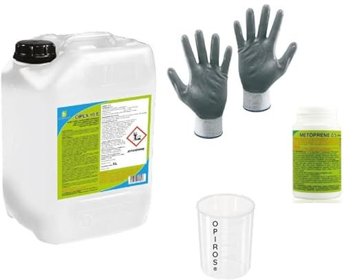 Opiros Promo Box Cipex 10E lt.5 Insetticida Liquido Anti Zanzare Mosche Insetti Volanti + Metoprene 0,5 Da 10 Compresse Effervescenti Anti Zanzare + Misurino Ml.100 + Guanti