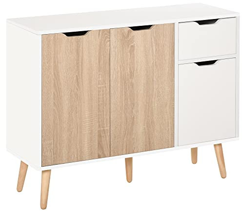 HOMCOM Mobiletto Multiuso con Cassetto e Armadietti, Credenza Stile Nordico in Legno per Camera, Soggiorno, Studio, 90x30x72 cm, Bianco e Color Legno