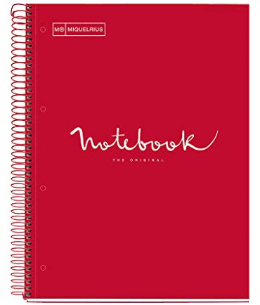 Miquelrius - Notizbuch A4 Punkte Notebook, 1 farbiger Streifen, 80 Blatt liniert mit Punkten (Dots), Papier 90 g/m² mikroperforiert mit 4 Bohrungen für 4 Ringe, Einband aus Karton, Farbe Rot
