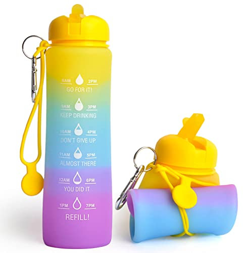 Motivational Collapsible Water Bottle - 0.6 Litre Foldable Collapsible Gym and Sports Silicone Water Bottle - Running Drinks Bottle For Women, Men, Girls, Boys, Cycling, Hiking, Travel, School