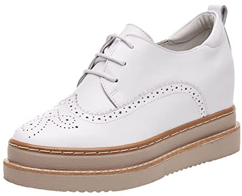 ANUFER Mujeres Piel Genuina Plataforma Tacón de Cuña Oculto Zapatillas con Cordones Acento Irlandés Casual Zapatos Blanco SN070508 EU38