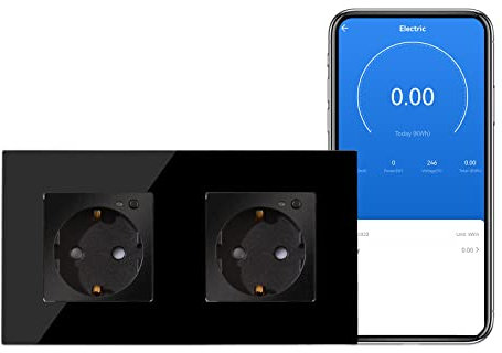 CNBINGO WLAN Schuko Steckdose Unterputz mit Strommessung, 16 Amp Glas Smart Steckdose Arbeit mit Alexa(Echo, Echo Dot), Google Assistant, Nur 2.4 GHz WiFi, 2 Fach, Schwarz, 1er Pack