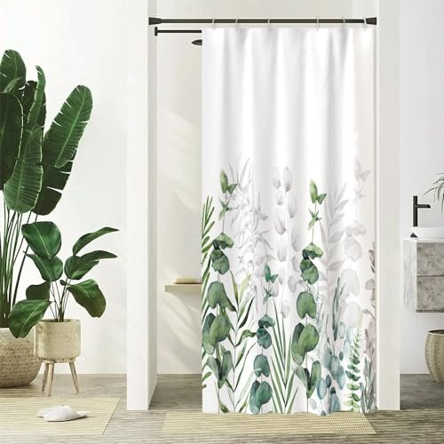 Duschvorhang 90x180cm, Uiiooazy Duschvorhang Schmal Anti Schimmel Grüne Blätter Eukalyptus Grau Pflanzen Klein Duschvorhänge Wasserdicht Polyester Stoff Waschbar Bad Vorhang mit 6 Haken für Badezimmer