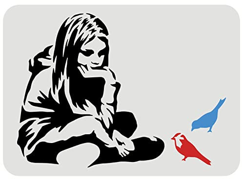 FINGERINSPIRE Banksy Mädchen mit blauem Vogel Schablone 29.7x21cm Wiederverwendbare Banksy Zeichnung Schablone DIY Handwerk Banksy Dekoration für Malerei auf Wand, Holz, Möbel, Stoff und Papier