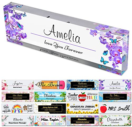 Placas de nombre de escritorio para oficina, placas de nombre acrílicas personalizadas para escritorios, diseño de flores en decoración transparente de apreciación regalo (8 x 2.5 pulgadas)