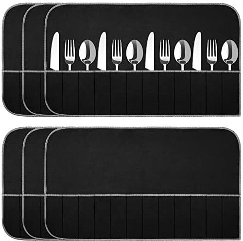 Hillban 6 Pcs Modern Anti Tarnish Silver Storage Bags Velvet Fabric Flatware Organizer Black Silverware Storage Roll with White Ribbon