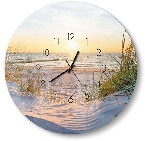 DEQORI Glasuhr | rund Ø 50 cm | Motiv Abendsonne an der Ostsee | große XXL Design Uhr aus Glas | leise Wanduhr für Wohnzimmer & Küche | Moderne Hingucker Uhr für die Wand