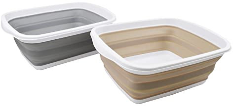 SAMMART 10L - Set of 2 Collapsible Tub - Foldable Dish Tub - Portable Washing Basin - Space Saving Plastic Washtub (Grey + Latte (set of 2), 2)