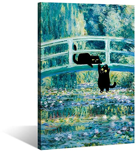 NONPAI Vintage Monet Cat Poster Lustige Schwarze Katze Brücke von Seerosen Leinwand Wandkunst Berühmte Ölgemälde Monet Schwarze Katze Poster Galerie Ästhetische Raumdekoration für Schlafzimmer