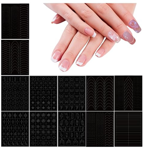 HOINCO 12 Sheets Airbrush Stencils, Heart Butterfly Star Flame French Manicure Nail Stickers Decals Printing Stencil Tool DIY for Women Manicure Decoration