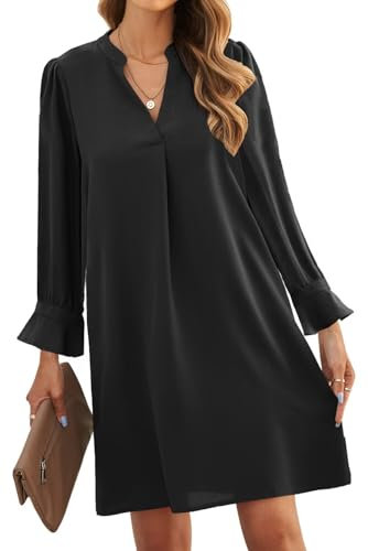 ANFTFH Frauen V-Ausschnitt Halbarm Hemdkleid Elegant Casual Einfarbig Kleid Midikleid Freizeitkleider Mode Dress Schwarz L