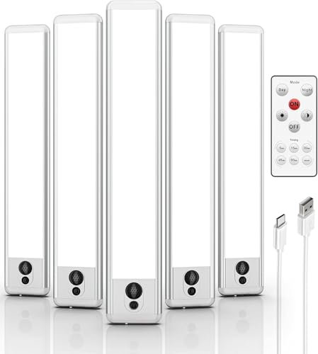 EZVALO Under Cabinet Kitchen Lights, 5 Pack of 5300K Dimmable Wireless Motion Sensor Lights Indoor with Remote Control, 23 cm USB-C Rechargeable LED Night Lights for Kitchen,Wardrobe and Cupboard