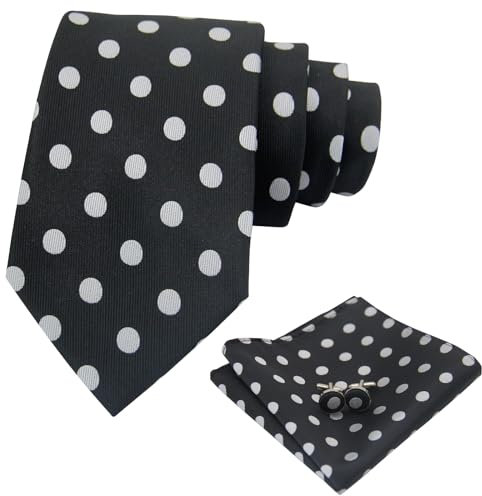 Luckyvestir Herren Krawatten-Sets Schwarz Weiß Polka Dot Krawatten für Männer mit Einstecktuch Krawattenstange Manschettenknöpfe für Hochzeit Business, L-Punkt: Weiß und Schwarz, 57 X 3.15