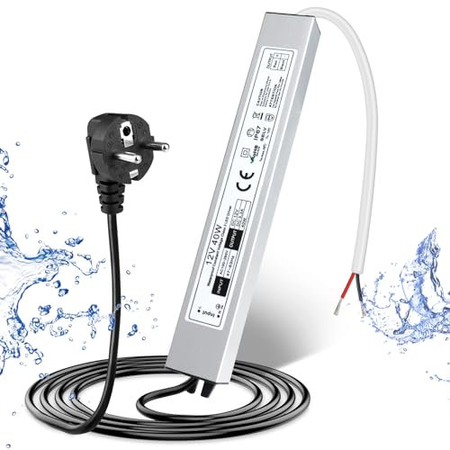 LED Trafo 12V 40W IP67, Outdoor Wasserdicht Transformator mit Stecker, LED Netzteil Treiber 230V auf DC 12 Volt Adapter, LED Driver Außen für LED-Streifen Lampen Strahler Lichtbänder