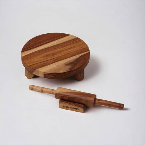 Vesta Homes Wooden Chakla Belan Set for Kitchen | Premium Solid Wood Roti Rolling Board and Pin with Stand | 10 * 10 * 3, 13 * 1.75 Inches | No Chemical Polish | Handcrafted in India