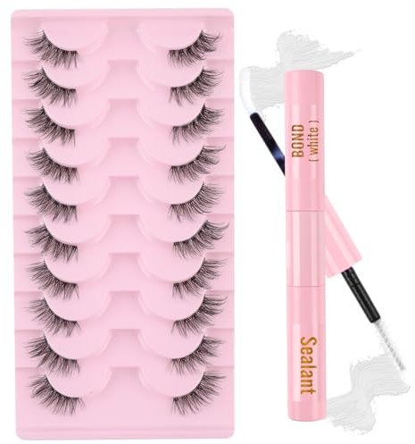 Sixstarhair Mezze Ciglia Finte con Colla Ciglia Fascia Trasparente 10 Paia Kit Half Lashes Cat Eye Wispies Con Bond e Sigillo Fake Lashes Riutilizzabili Dall'aspetto Naturale