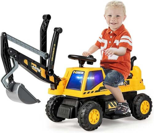 DREAMADE Sitzbagger für Kinder mit Schaufel, Kinderbagger zum draufsitzen mit eingebautem Ablagefach, Sandbagger Schaufelbagger, Aufsitzbagger mit Licht Musik Hupe, für Kinder ab 3 Jahren (Gelb)