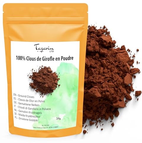 50g di Chiodi di Garofano in Polvere - Chiodi di Garofano Macinati - Syzygium Aromaticum - Aroma e Gusto Intenso - Bustina con Zip - 100% Naturale, Puro e Senza Additivi | TazarinLtd