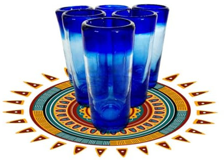 TDL-Brand Handgefertigte mexikanische Tequila-Schnapsgläser – Set mit 6 Tequila-Schnapsgläsern mit kobaltblauem Rand – handgefertigt
