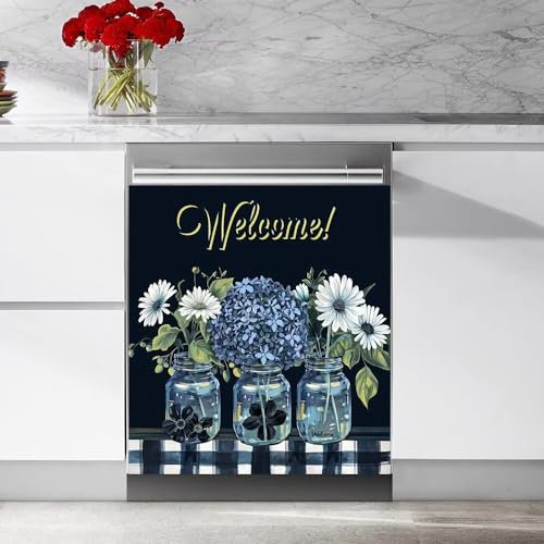 Vase Flower Pattern Dishwasher Magnetic Cover Sticker,Welcome Refrigerator Sticker Washer Kitchen Decor Home Appliances Decorative Magnet Stickers Vinyl Decals 23W x 26H inchs