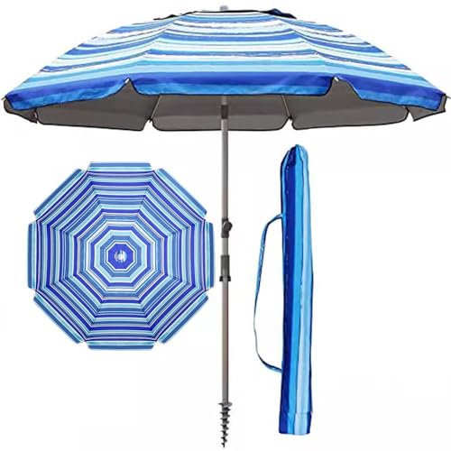 ZYBOWAYL Outdoor Sonnenschirm Tragbare 220cm Sonnenschutz Strandschirm Neigbar Marktschirm Blau Streifenschirm Mit Transporttasche für Garten Strand Terrasse Tisch