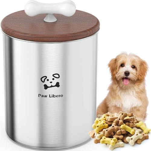 31 oz/10 cups Stainless Steel Dog Treat Container Airtight with Wooden Lid to Keep Fresh, Metal Dog Food Storage Container with Ceramic Bone Handle, Easy Clean Dog Treat Jar, Cat Treat Container Bin