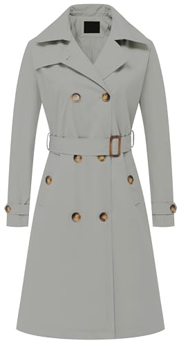 Chrisuno Zweireihiger langer Trenchcoat für Damen, mittellang, mit Gürtel, Jacke mit abnehmbarer Kapuze, Hellgrau, M