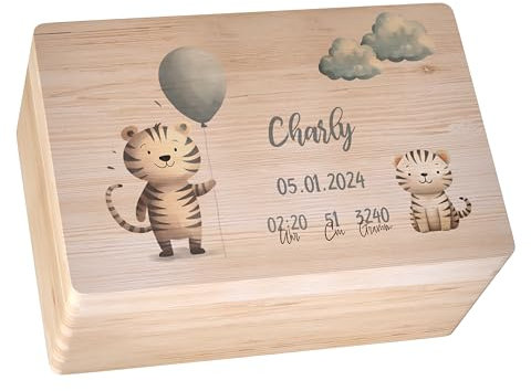 Geschenkfreude Erinnerungsbox Baby Personalisiert - 30x20x14cm - UV-Druck - Individuelle Baby Aufbewahrungsbox - individuelle Erinnerungskiste aus Holz - Einzigartige Geschenke zur Geburt - Tiger