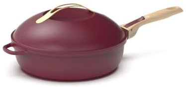 COOKUT - La Fabuleuse poêle 8 en 1 - PETIT MODELE 24 cm – Un seul ustensile qui remplace poêle, casserole, sauteuse - 2 poignées amovibles, panier vapeur/friture, spatule en bois - RUBIS