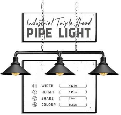 DC VOLTAGE Industrial Suspended Ceiling Pendant 3 Lamp Black Metal Water Pipe Vintage 22cm Shade with Hanging Chain Light Fitting for Living Room Home Decor & Improvement Essential