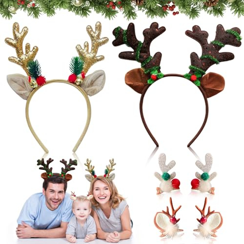 2 Stücke Rentier Haarreifen Weihnachten Haarreif mit Geweih-Haarnadel, Festliche Dekoration Rentier Haarreif Weihnachts Kopfschmuck für Frauen & Mädchen, Karneval Mottoparty Halloween Accessoires
