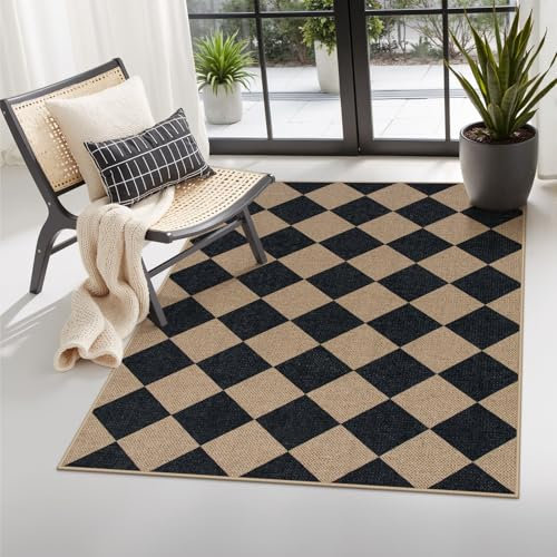 Lahome Checkered Easy Jute Entry Rug, 3x5 Black Outdoor Patio Rug for Living Room Farmhouse Neutral Carpet, Washable Non Slip Indoor Door Mat Diamond Carpet for Front Door Deck Camping